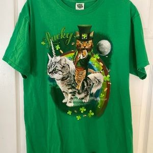 Lucky brand cat riding unicorn cat T-shirt